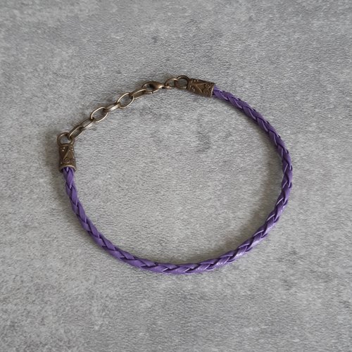 Bracelet bronze similicuir tressé violet