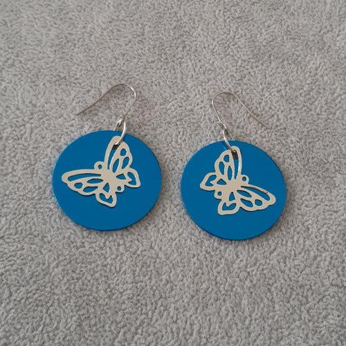 Boucles d'oreilles sequins aluminium bleu breloques papillons