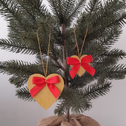 Lot 2 décorations noël cœurs dorés à nœuds