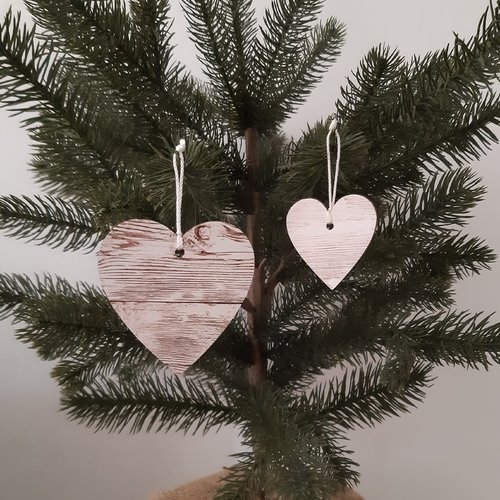 Lot 2 décorations noël cœurs bois blanchi