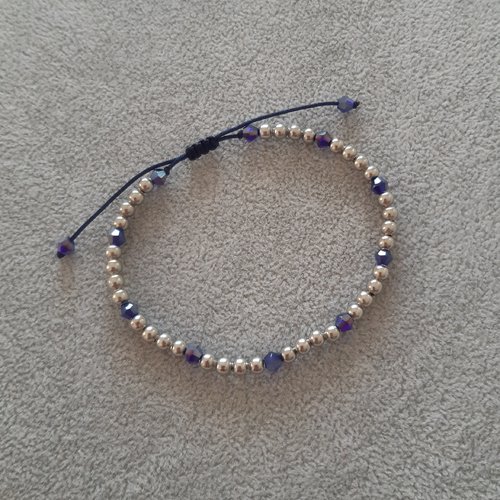 Bracelet cordon coulissant argent et bleu