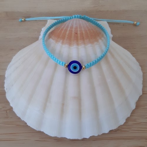 Bracelet macramé bleu, perles oeil et dorées
