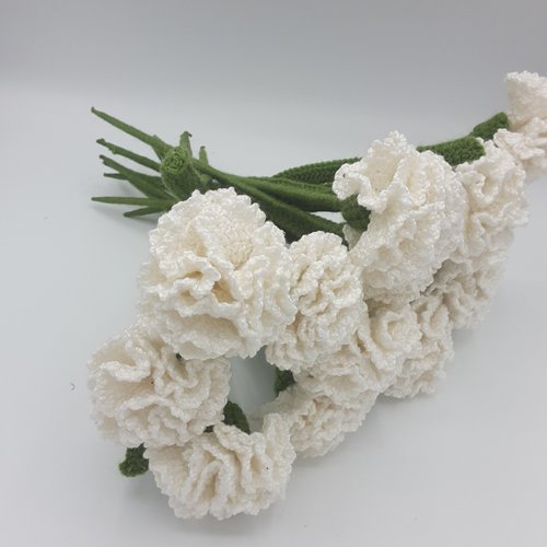 Bouquet, bouquet de fleurs, fleur, oeillet, fleurs au crochet, fête des mères, couleur blanche, décoration, cadeau noël.