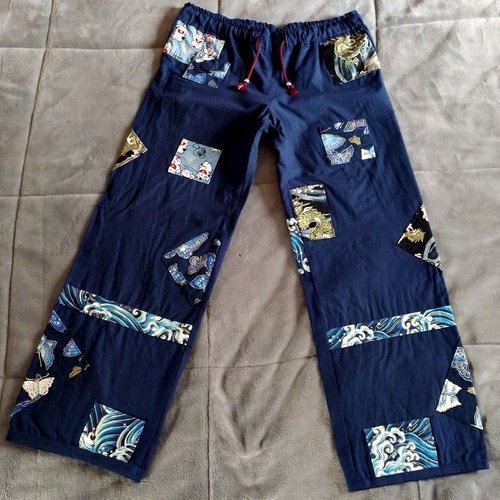 Pantalons coton bleu foncé patchwork japonais 34