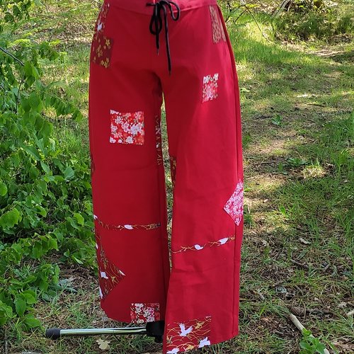 Pantalons coton droit rouge patchwork japonais taille 34/36