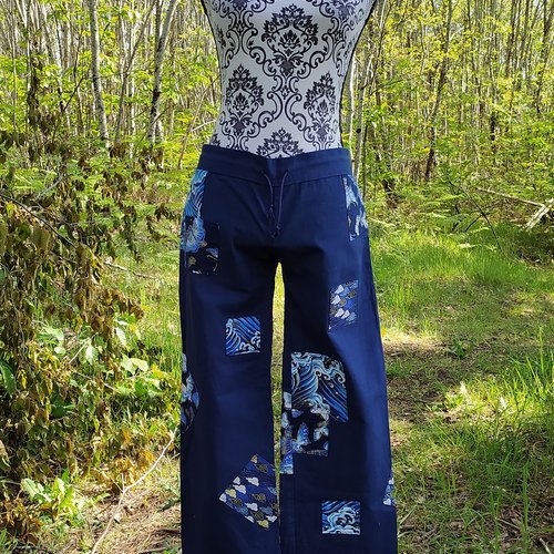 Pantalons coton droit bleu foncé patchwork japonais taille 34/36