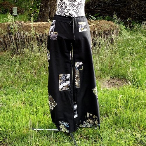 Pantalons coton droit noir patchwork japonais taille 34/36