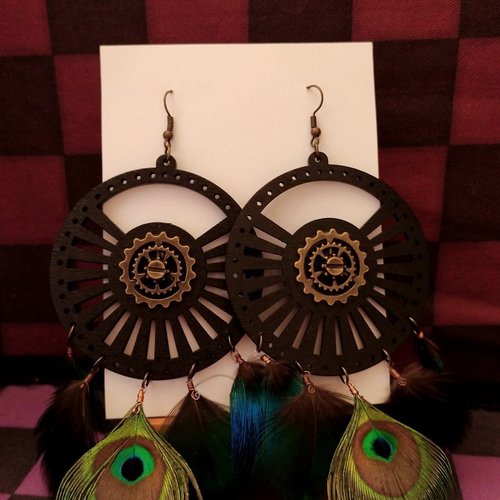 Boucles d'oreilles ethnique pendentif bois et plumes