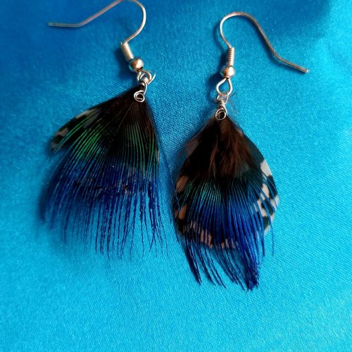 Boucles d'oreilles plumes de paon bleues petit modèle