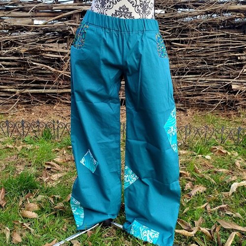 Pantalons coton droit turquoise patchwork japonais 34/36