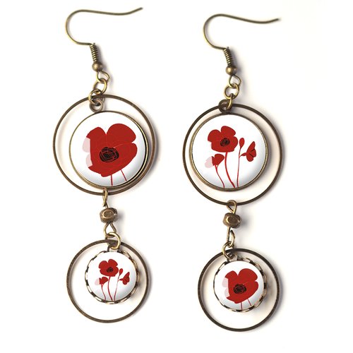 Fleuri inspiration Liberty fleuri couleur rouge et rose Boucles doreilles cabochon