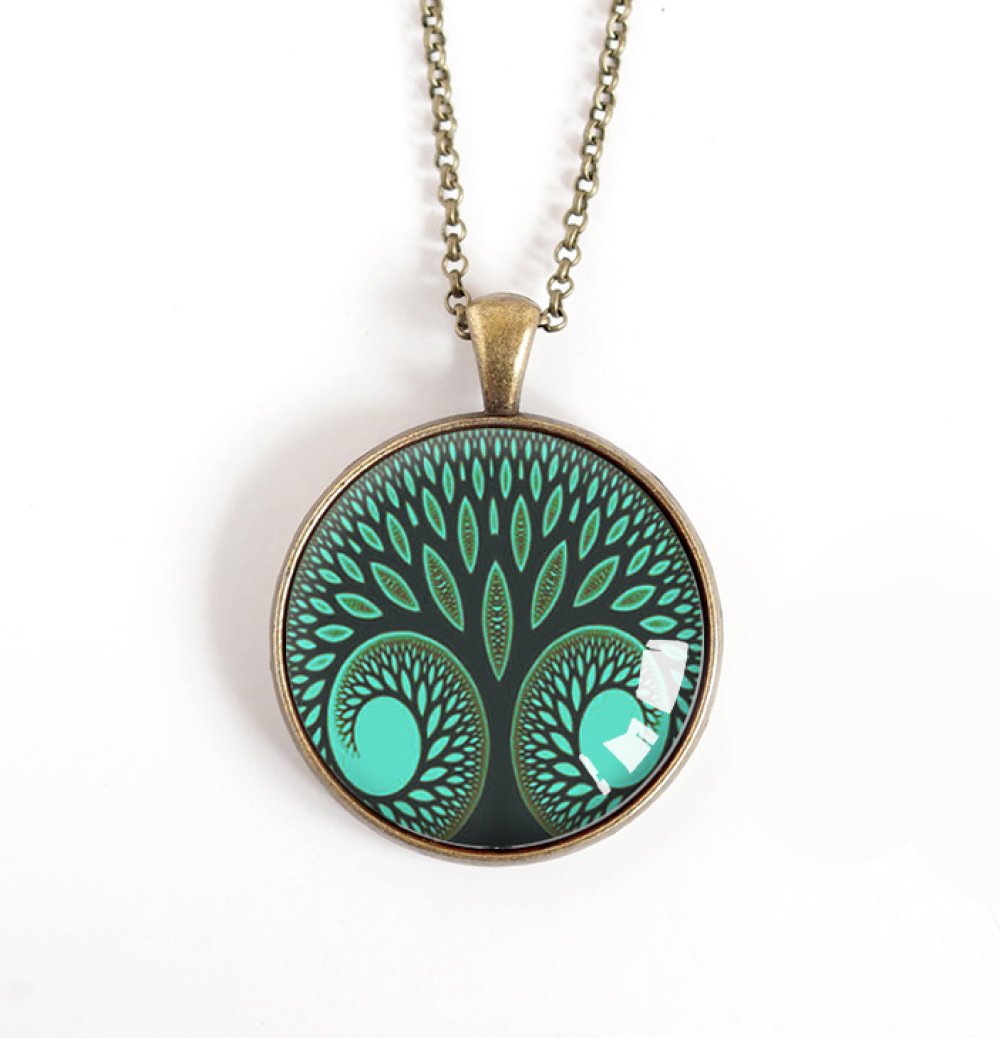 Collier Cabochon 30 Mm Arbre De Vie Vert Et Bleu Canard Un Grand Marche