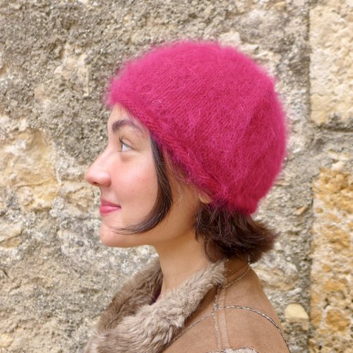 Bonnet femme angora rose framboise