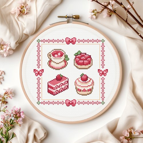 Joli modèle de points de croix fraise. dessert de fraises style coquette. modèle de points de croix facile fruits kawaii.