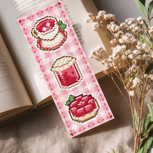 Joli modèle de marque-pages points de croix fraise. modèle de points de croix facile fruits kawaii. dessert aux fraises style coquette