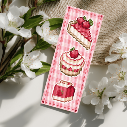 Joli modèle de marque-pages points de croix fraise. modèle de points de croix facile fruits kawaii. dessert aux fraises style coquette