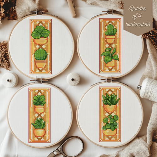 Modèle de points de croix jolies plantes d'intérieur. lot de 4 marque-page jardinage à broder kawaii. motif style cottage mignon