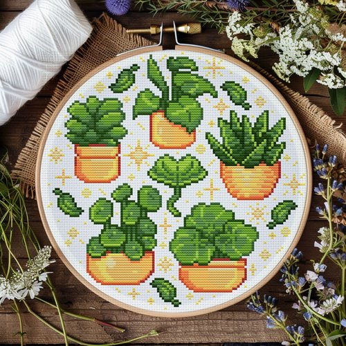Patron points de croix jolies plantes d'intérieur étoilé. modèle de points de croix facile jardinage kawaii. motif style cottage mignon