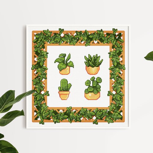 Patron points de croix jolies plantes d'intérieur étoilé. modèle de points de croix facile jardinage kawaii. motif style cottage mignon