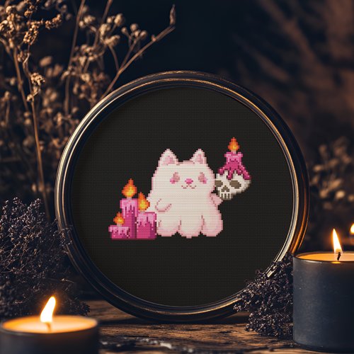 Patron points de croix de halloween. modèle de points de croix facile petit chat shakespeare fantôme rose kawaii. motif mignon débutant