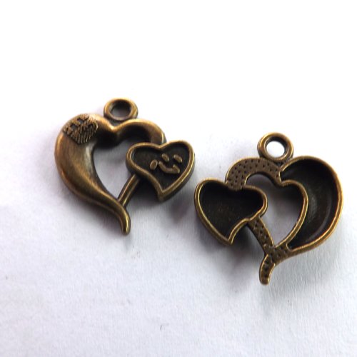 Lot de 6 breloques doubles cœurs, pendentifs, connecteurs