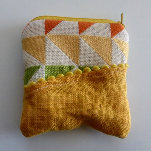Porte-monnaie triangles multicolores en coton et lin