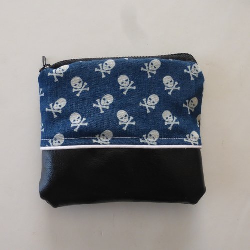 Petite pochette têtes de mort pirate noir et bleu en jeans et simili-cuir