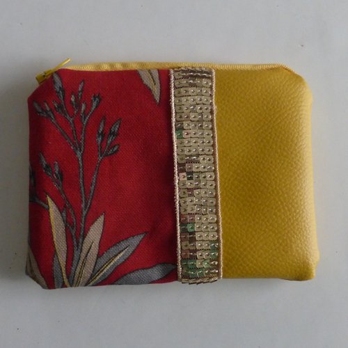 Petite pochette porte cartes fleurs rouge et jaune moutarde en coton et simili-cuir