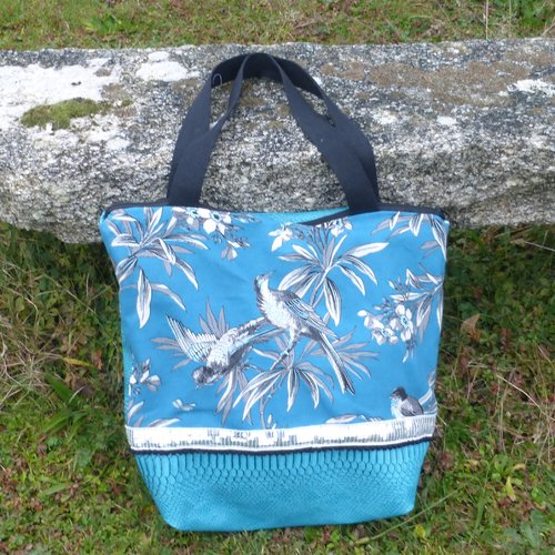 Sac cabas / sac de plage oiseau blanc bleu canard turquoise coton et simili cuir