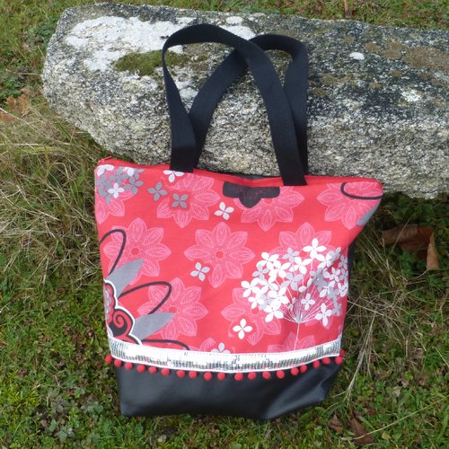 Sac cabas / sac de plage mandala fleurs rouge rose blanc noir coton et simili cuir noir