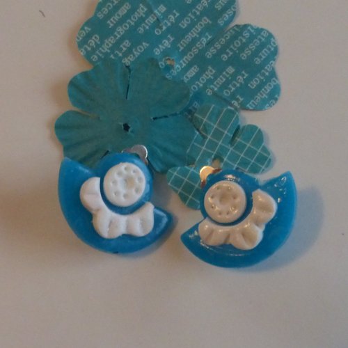 Clips d'oreilles turquoise et blanc en pâte polymère