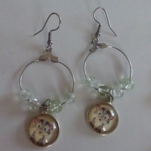 Boucles d'oreilles créoles chat gris en cabochon de verre et perles en verre