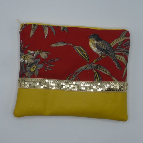 Housse pochette liseuse 6 pouces 7 pouces fleurs oiseau rouge et jaune moutarde en coton et simili-cuir