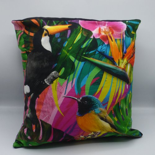 Coussin jungle toucan oiseau multicolore en coton