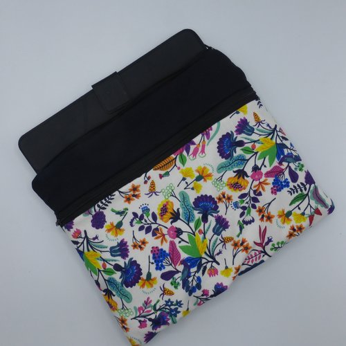 Pochette pour tablette 10 pouces, étui pour tablette fleurs multicolores noir en coton avec petite poche