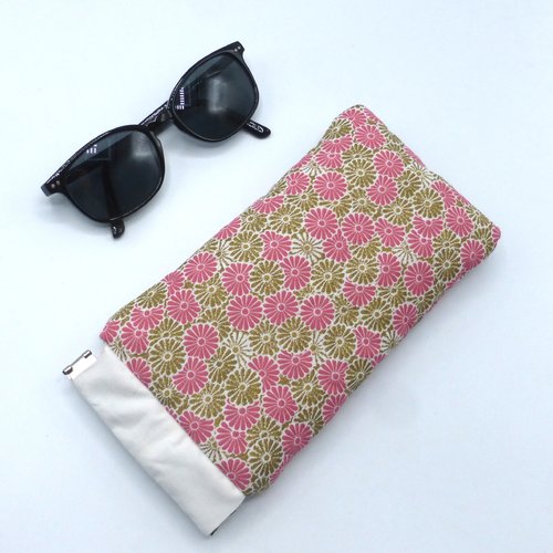 Etui à lunettes molletonné fleurs marguerites roses et dorées en coton