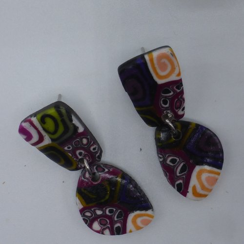 Boucles d'oreilles triangle spirales multicolores en pâte polymère et acier inoxydable