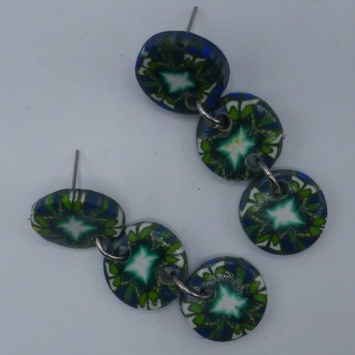 Boucles d'oreilles pendantes 3 cercles kaléidoscope vert foncé et bleu foncé en pâte polymère