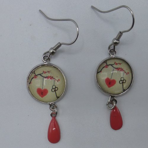 Boucles d'oreilles coeur rouge clé rouge et noir en cabochon de verre et acier inoxydable