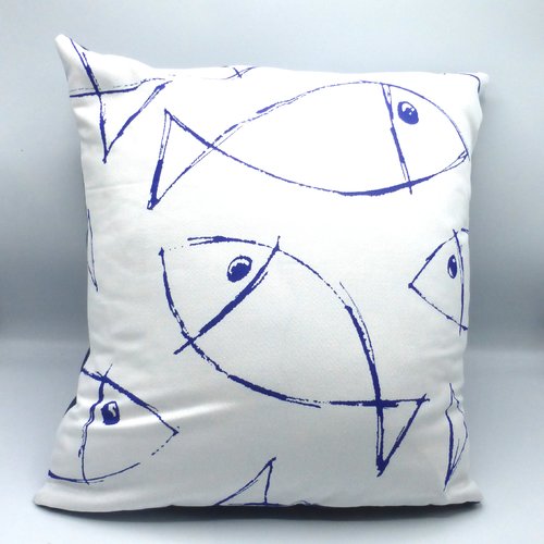 Coussin poissons bleu marine et blanc en coton