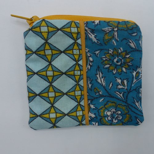 Porte monnaie fleurs bleu turquois et jaune en coton