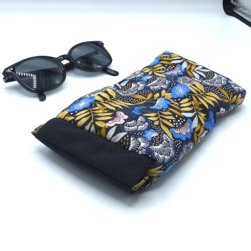 Etui à lunettes molletonné fleurs bleu roy marron en coton
