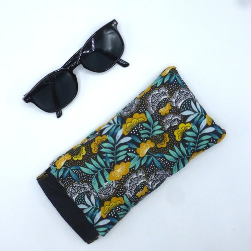 Etui à lunettes molletonné fleurs jaune turquoise bleu-vert en coton