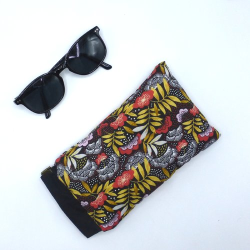 Etui à lunettes molletonné fleurs rouges marron en coton