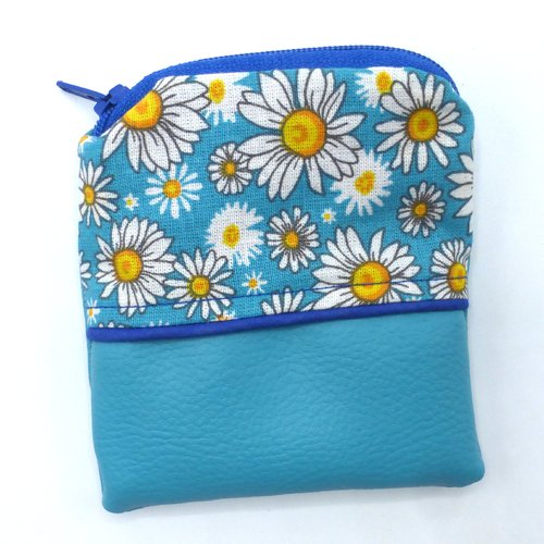 Petit porte monnaie fleurs marguerites blanches bleu turquoise en coton et simili-cuir