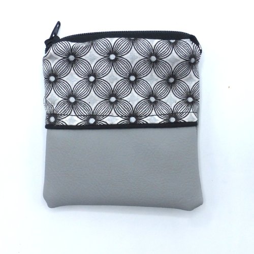 Petit porte monnaie fleurs géométriques grises en coton et simili-cuir