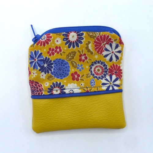 Petit porte monnaie fleurs blanches bleues rouges jaune moutarde en coton et simili-cuir