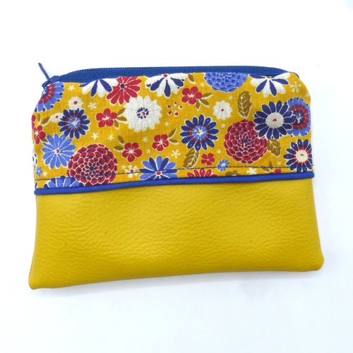 Grand porte monnaie fleurs blanches bleues rouges jaune moutarde en coton et simili-cuir