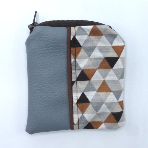 Petit porte monnaie motifs géométriques triangles gris et marrons en coton et simili-cuir