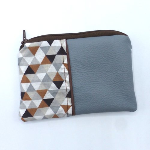 Grand porte monnaie motifs géométriques triangles gris et marrons en coton et simili-cuir